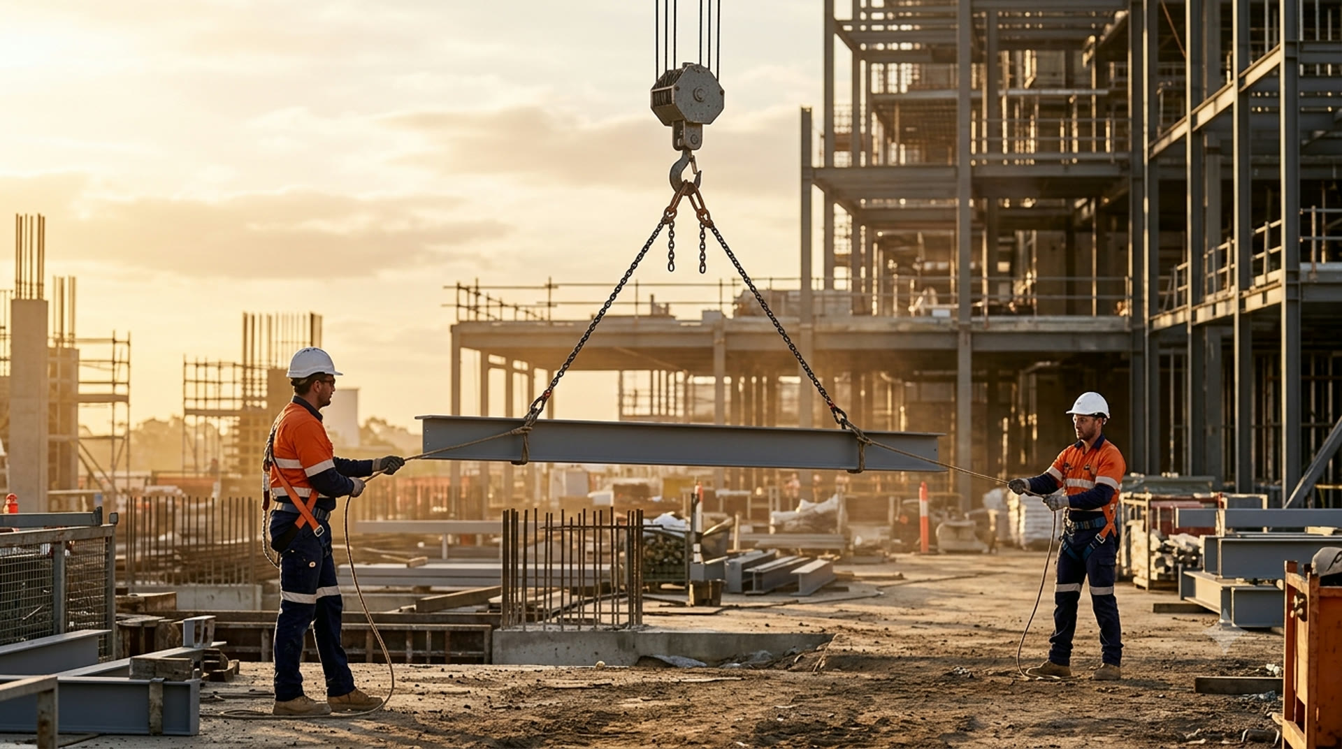 Two riggers guiding a steel beam with taglines