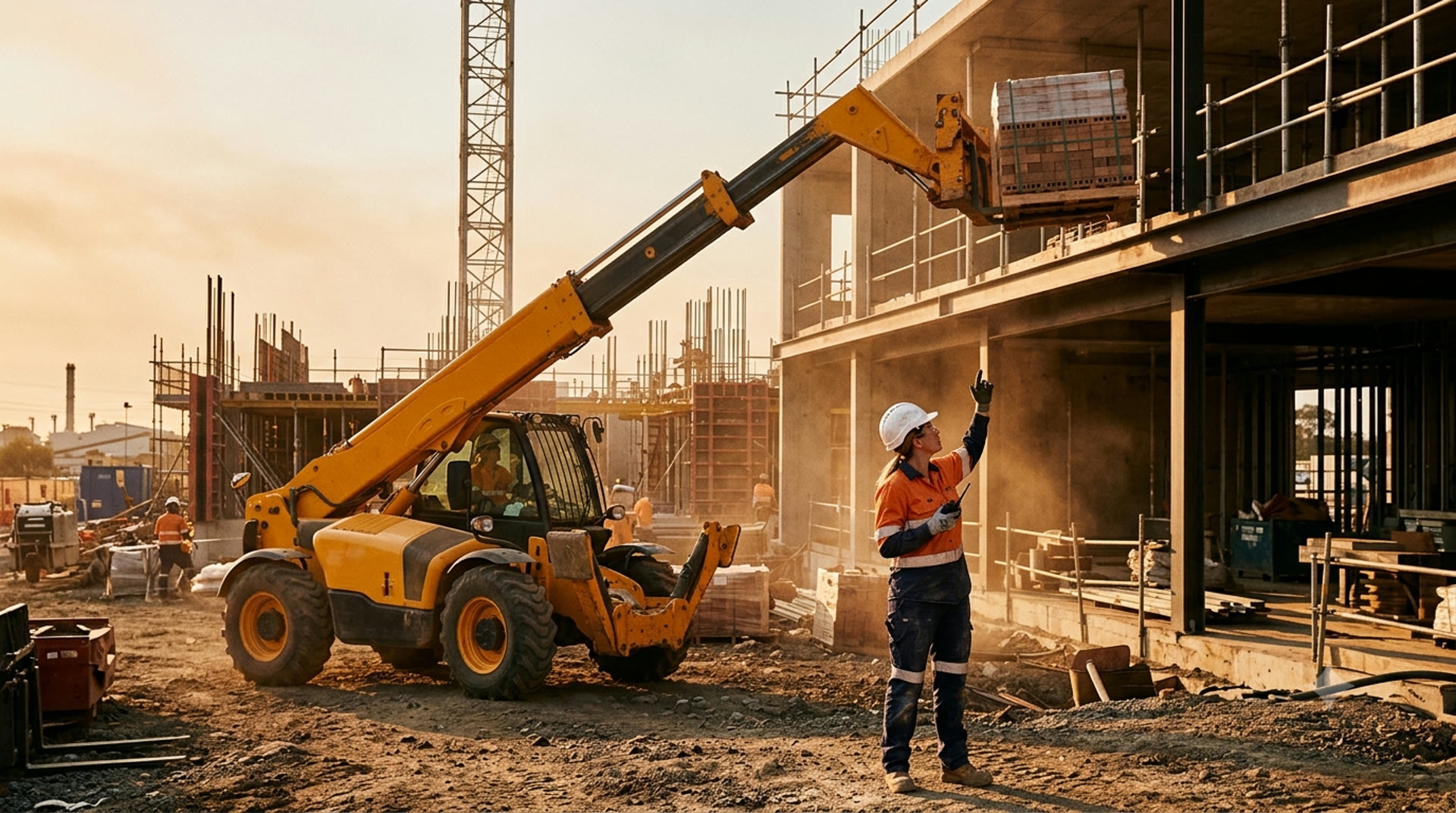 Telehandler placing a load under the direction of a spotter